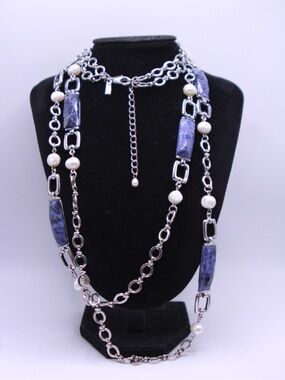 WHBM Elegant Blue Stone and Genuine Pearl Double-Strand Necklace